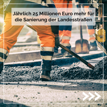 Bauarbeiter bei der Arbeit. Text im Bild: Jährlich 25 Millionen Euro mehr für die Sanierung der Landesstraßen