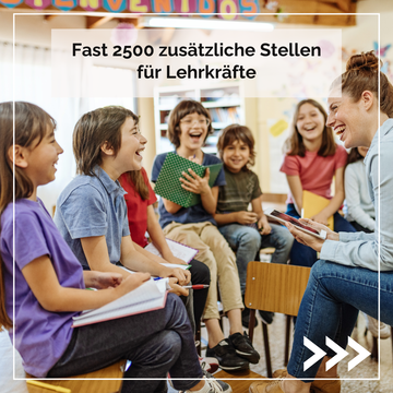 Gruppe mit Kindern und einem Erwachsenen. Text im Bild: Fast 2.500 zusätziche Stellen für Lehrkräfte