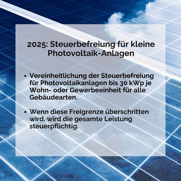 Vereinheitlichung der Steuerbefreiung für Photovoltaikanlagen bis 30 kWp je Wohn- oder Gewerbeeinheit für alle Gebäudearten. Wenn diese Freigrenze überschritten wird, wird die gesamte Leistung steuerpflichtig.