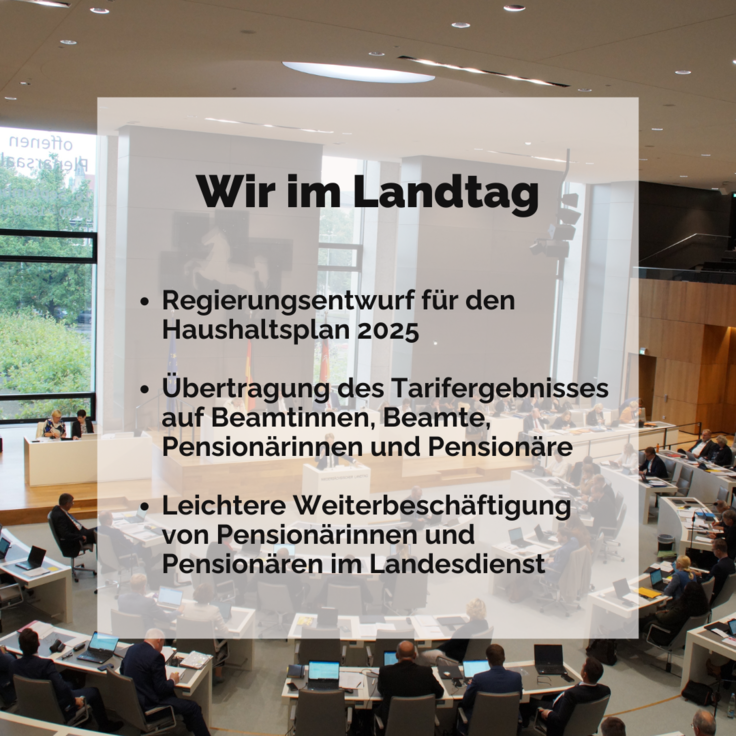 Foto des Landtagsplenums. Darauf die Schrift: Wir im Landtag; Regierungsentwurf für den Haushaltsplan 2025; Übertragung des Tarifergebnisses auf Beamtinnen; leichtere Weiterbeschäftigung von Pensionären im Landesdienst