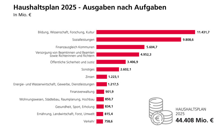 Balkendiagramm: Ausgaben im Haushaltsplanentwurf 2025 nach Höhe der Aufgaben, an den ersten drei Positionen stehen Bildung - Sozialleistungen - Finanzausgleich Kommunen -